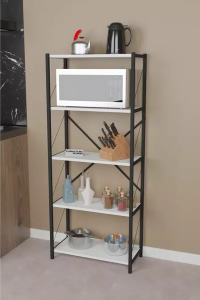 رف مطبخ معدني مكون من 5 رفوف لخزانة الأدوات الديكورية ورف ميكروويف باللون الأبيض