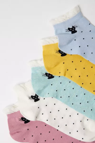 Dames pantoffelsokken met kattenprint, set van 5