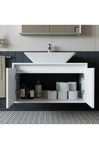 Banos Banyo Voetloos 2-deurs badkamerkast met wastafel, mat wit MDF, cm badkamerkast