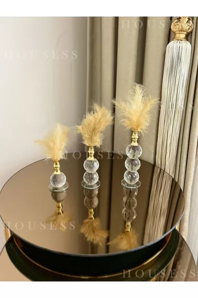 Set of 3 Gold Furry Crystal Ball Pen Holders Decorative Figurines