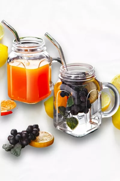 طقم كوب زجاجي بمقبضين مع مصاصة كهدية، نموذج كوكتيل، للقهوة الباردة والمشروبات الغازية، سعة  مل