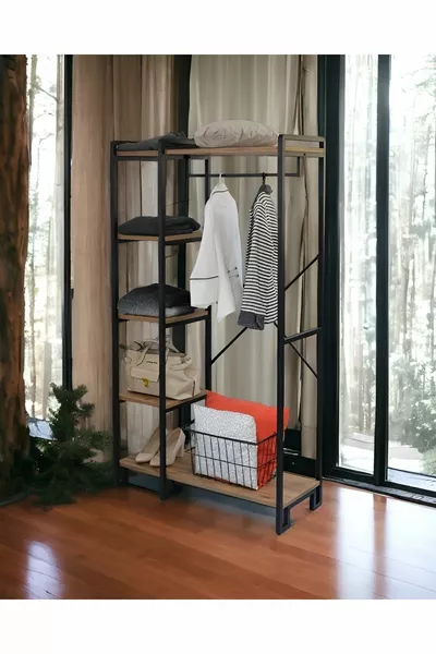 Attaccapanni con scaffale in legno su piedini in metallo multiuso decorativo, portatile, scarpiera e guardaroba