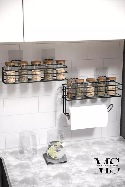 Épicerie noire autocollante 2 pièces Support en métal pour serviettes en papier Support à épices Étagère de cuisine autocollante
