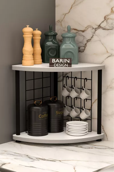 Metal Wired Coffee Corner Turntable Multipurpose Kitchen Stand Countertop Organizer Double-Layer with Hooks