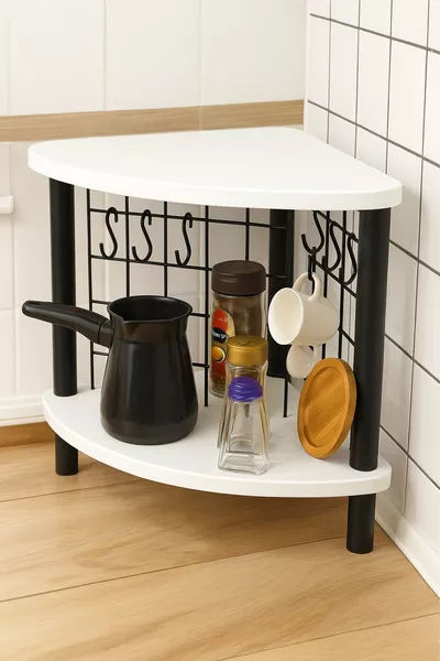 Countertop Shelf – Mini Coffee Corner and Spice Rack with 6 Hook Organizer for a Happiness Corner