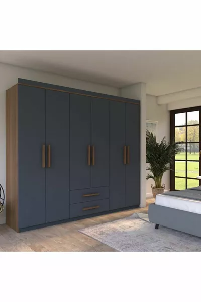Armoire Lavinya Lux 6 portes 2 tiroirs Noyer-anthracite gris