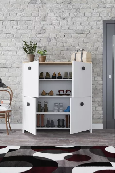 4-Door 4-Shelf Shoe Cabinet Oak White