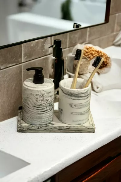 3-delige Marmerpatroon Badkamer Set, Vloeibare Zeepdispenser, Tandenborstelhouder, Beton Accessoireset
