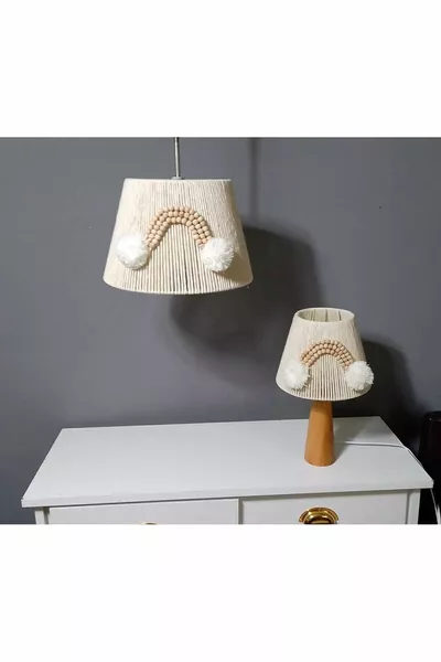 Ecru Macrame Chandelier Lamp Shade Set with Wooden Beads Suitable for Baby and Children's Room