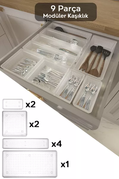 Комплект от 9 части модулна поставка за лъжици - регулируем органайзер за кухненски чекмедже, прозрачен