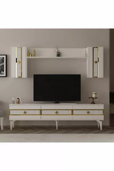 Комплект телевизионен шкаф NORA бяло-злато