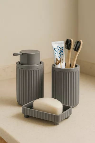 Lines Serie Grijs Badkamer Set, 3-delige Ovale Acryl Zeepdispenser, Borstelhouder en Vloeibare Zeepdispenser Set - 