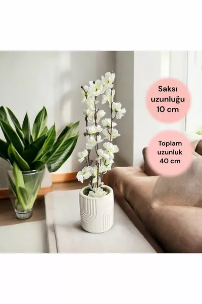 Изкуствен японски черешов цвят с мъх върху истински камък в бетонова саксия, саксия, аранжировка, домашна декорация