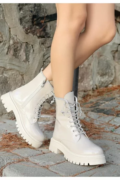 Woint Beige Patent Leather Lace-Up Boots