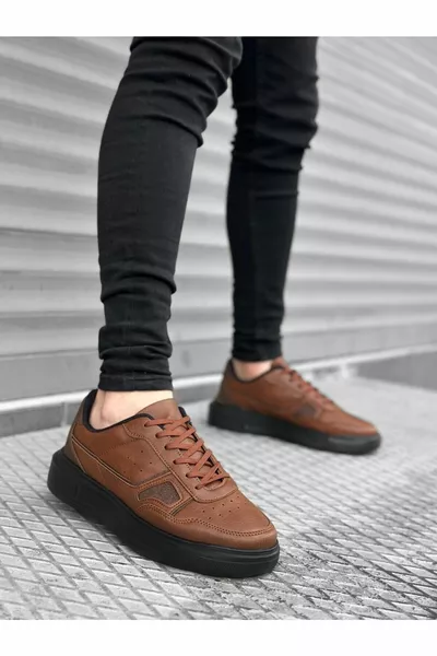 Tan zwarte herensneakers met hoge polyzool met veters 