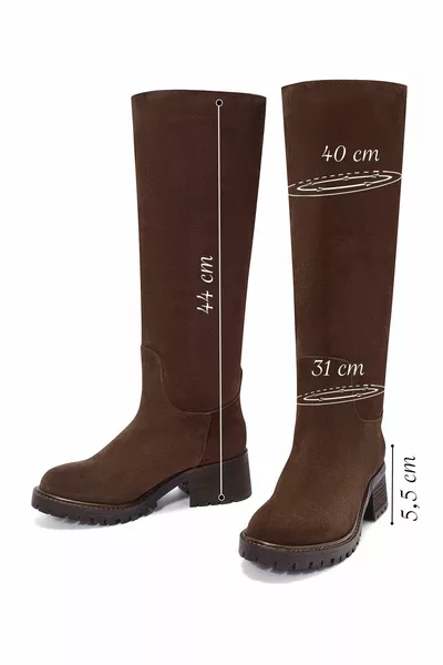 حذاء نسائي بكعب سميك من جلد الغزال والبني 