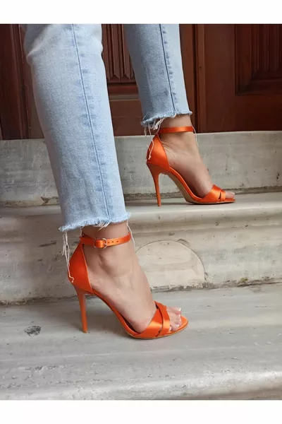 البرتقالي الساتان الصليب الفرقة سليم كعب واحد الفرقة المرأة الكعب