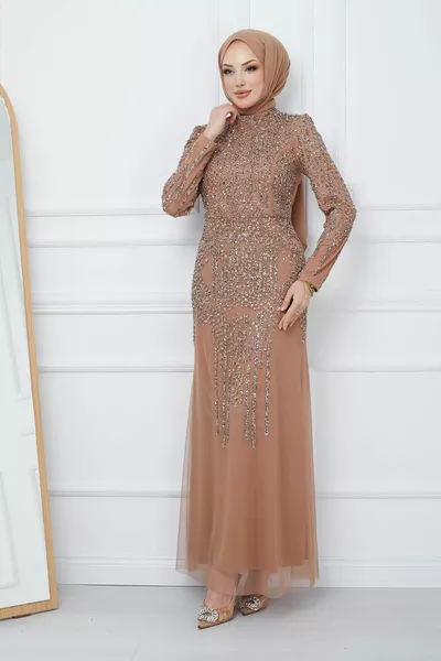 Украшенное бисером и камнями тюлевое хиджаб вечернее платье KAMEL 