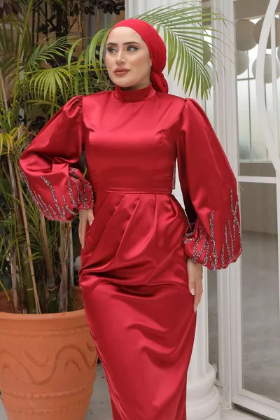 Burgundy Balloon Sleeve Stone Embroidered Evening Dress