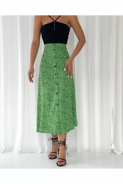 Vikson Komuş Boydan Yırtmaçlı Düğmeli Çiçek Desenli Etek