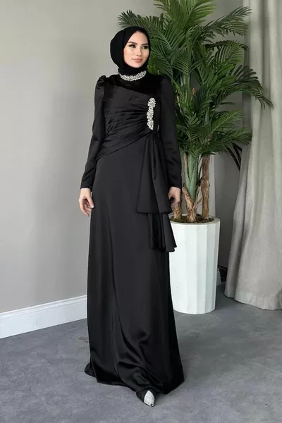 Gögüs Şık Detaylı Saten Abiye Siyah