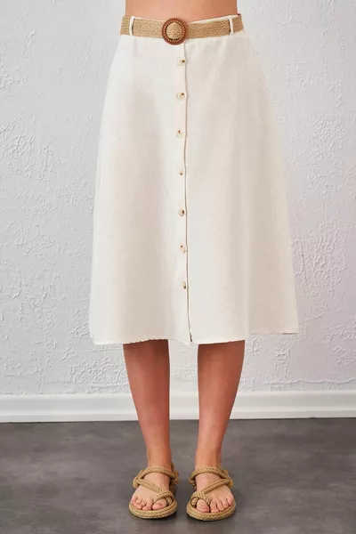 Женская натуральная льняная юбка на пуговицах спереди с соломенным поясом