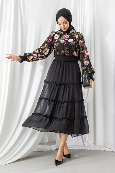 Lined Chiffon Fabric Floral Patterned Velvet Textured Midi Length Hijab Evening Dress 