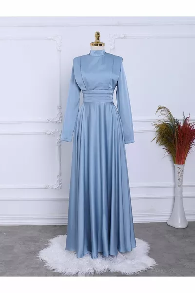 Beli Plise Detaylı Önü Çift Kat Saten Abiye