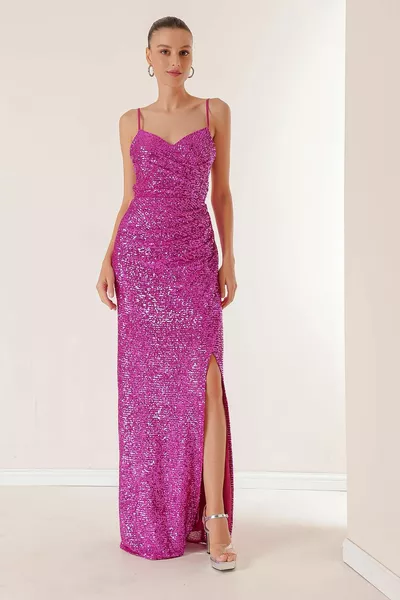 İp Askılı Önü Drapeli Arkası Bağcıklı Astarlı Uzun Pulpayet Elbise