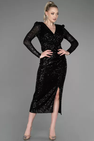 أسود طويل الأكمام شق الترتر ميدي دعوة اللباس 