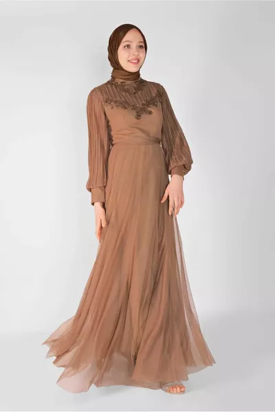 Women's Coffee (K.CAMEL) Pearl Embroidered Evening Dress 