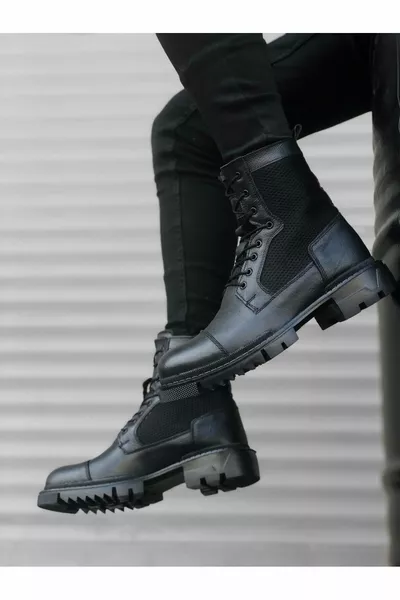 الدانتيل المتابعة من الداخل والخارج جلد طبيعي أسود الرجال نمط الأحذية البريدية 