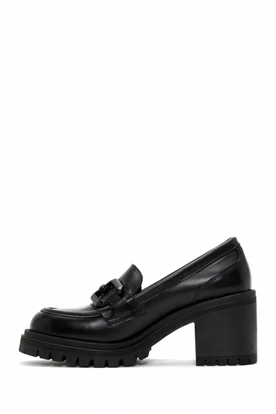 Femmes Noir Talons Épais Cuir Mocassins Masculin 