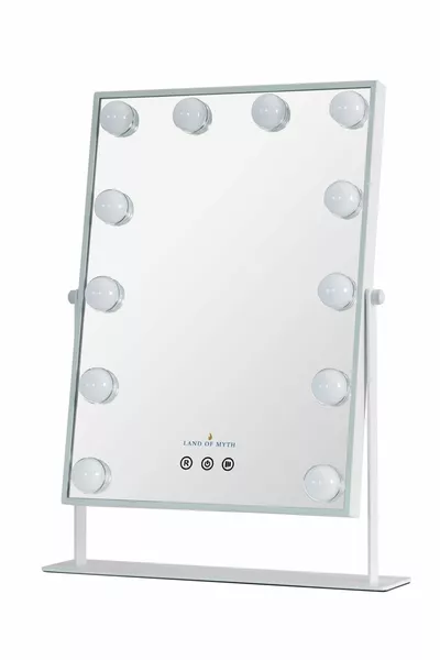 Miroir de maquillage à LED trois couleurs style Hollywood, tactile, rotatif, cadre métal - Blanc