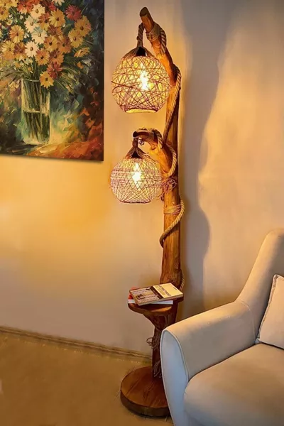 Lampada da terra Marrone in Legno Naturale Serie Yalıkavak a Doppia Sfera Illuminazione cm