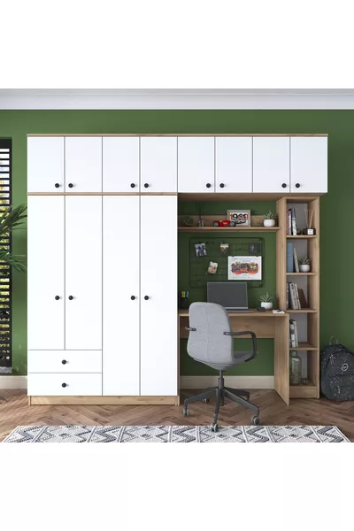 Rani Ampio Armadio per Vestiti + Scrivania + Libreria Cesto Noce - Bianco X Cm