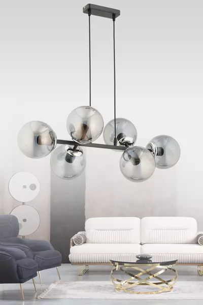 CROSS 6-PIECE CHROME - BLACK SMOKED GLOBE GLASS MODERN PENDANT CHANDELIER LIVING ROOM SALON