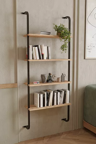 رف كتب جداري مزود بأربع رفوف، رف كتب ديكوري من الصنوبر