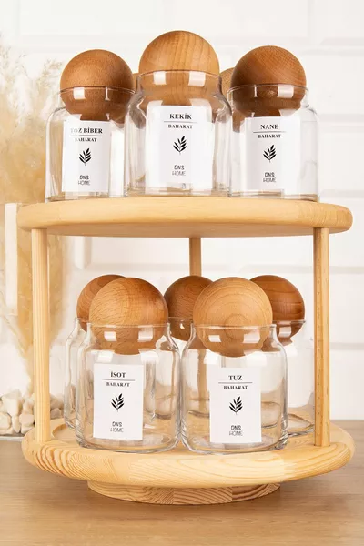 'lu Дървен Капак с Топка, Завъртаща се Поставка, Бутилки за Подправки с Етикет, Стъклен Съд за Съхранение ml