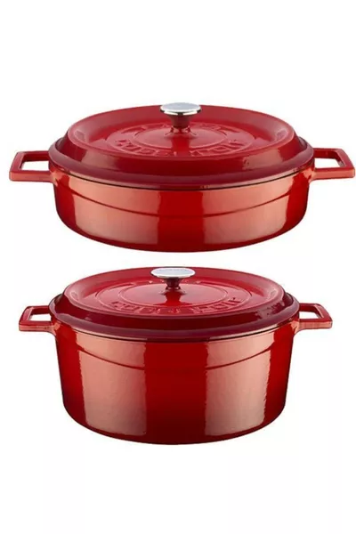 Trendy 2-Piece Cast Iron Pot Set cm Deep Shallow Red