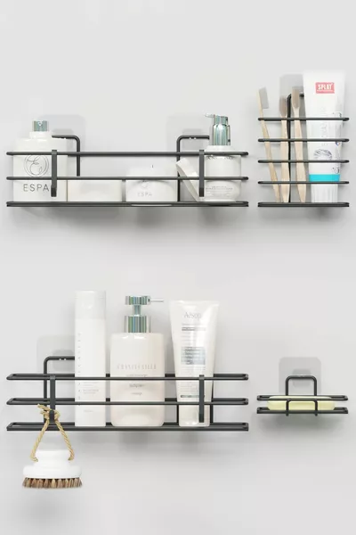 Kleefbare Badkamer Set Doucherek + Zeepbakje + Tandenborstelhouder Metalen Set