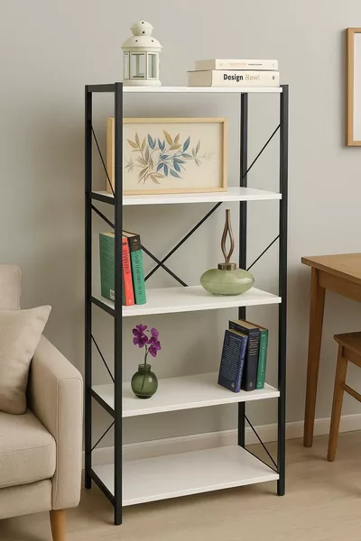Metal Gövdeli 5 Raflı Ahşap Kitaplık Ofis Ev Raf Sistemi Dekoratif Dosya Rafı Beyaz