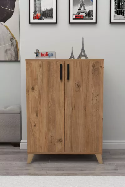 4-Shelf 2-Door Shoe Cabinet Multi-Purpose Cupboard Shoe Cabinet Ceren Pine