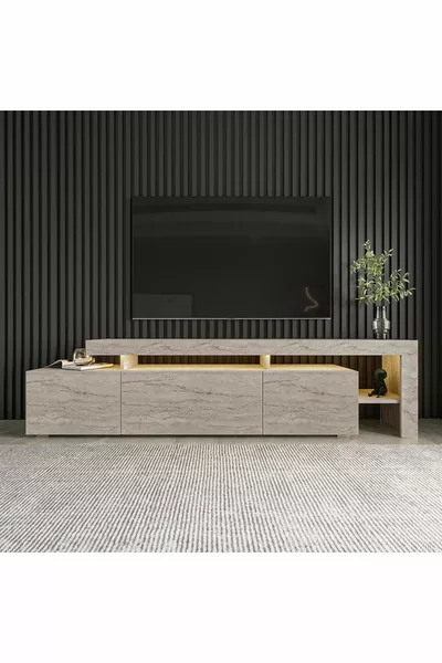 Beliz Modern LED Lighted 3-Door TV Stand with Shelves – cm - Travertine