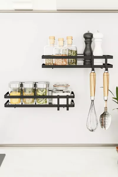 Kitchen Shelf 2-Piece Set Adhesive Luxury Modern Black Metal Spice Rack Organizer