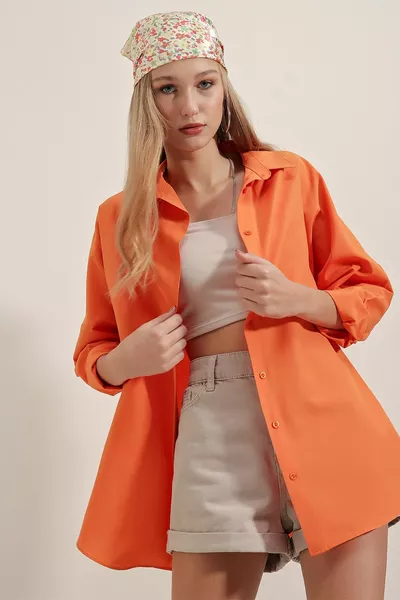  Oversize Long Basic Shirt - Orange