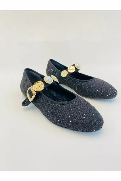 أسود هوغن عادي تويد النسيج الباليه الشقق مع مشبك الذهب