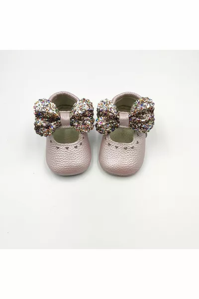 Baby Star Genuine Leather Pink -  Glitter Ribbon Baby Loafers