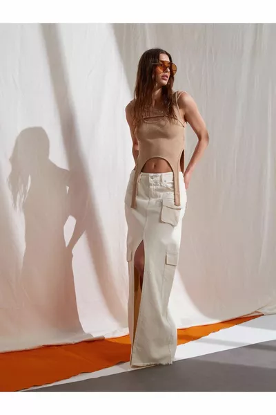  Long Skirt with Cargo Pockets-Ecru