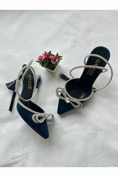 Navy Blue Satin Wrist Tie Bow Stone